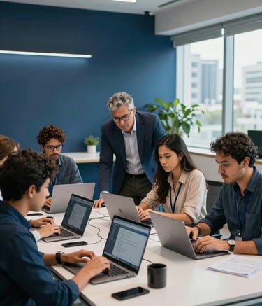 A high-tech workspace in a Brazilian urban center. A team of South American professionals is gathered around a table with laptops, collaborating on AI implementation. The environment is professional and bright, featuring dark blue and light blue interior accents.