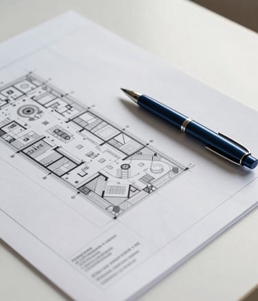 A high-angle professional photograph of a pristine architectural site plan and land survey documents spread across a mist white table, illuminated by soft natural morning light. The scene includes a slate blue fountain pen, conveying precision and authority in land law.