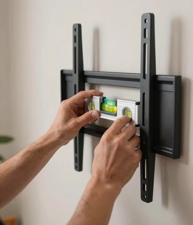 A close-up photograph of a professional technician's hands using a spirit level on a sleek black metal TV wall mount bracket secured to a neutral-toned wall in a modern North American home. The lighting is bright and clear, emphasizing a precise and reliable installation process.