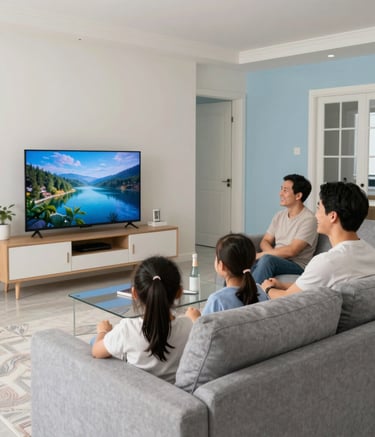 A wide-angle photography shot of a bright, modern North American living room. A family is gathered on a comfortable grey sofa, smiling as they watch a high-definition television that has just been successfully activated. The room is decorated in soft off-white and pale blue tones.