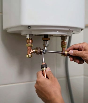 Close-up shot of professional copper pipe soldering and a new water heater installation in a clean, organized residential utility room. Sharp focus, professional lighting, North American / US - Florida.
