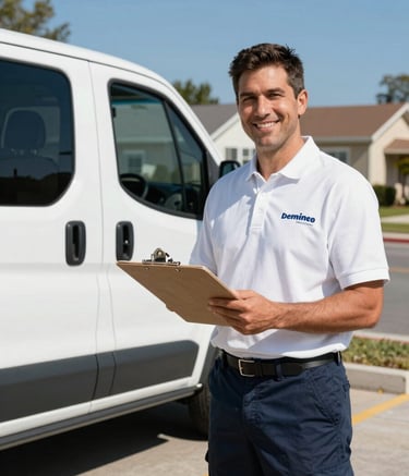 A professional mobile auto glass technician in a crisp branded polo shirt standing next to a service van in a North American suburban neighborhood. The technician is smiling and holding a clipboard, projecting trust and professionalism under a clear blue sky.