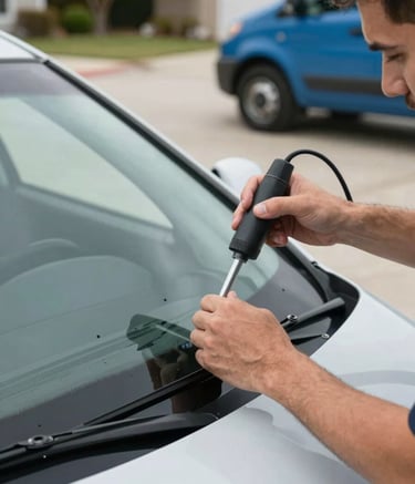 A close-up photograph of a professional technician's hands using specialized suction tools to carefully position a new windshield into a modern car frame. The setting is a clean, bright North American driveway during the day, with soft natural lighting and a hint of a medium blue service vehicle in the background.