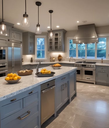 Modern kitchen with custom wood and metal cabinetry in a bright home interior.