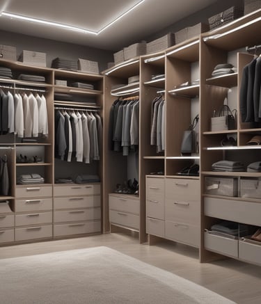 Sleek custom closet with metal and wood finishes in a cozy bedroom.