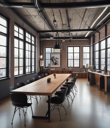 Commercial space featuring custom-designed metal and wood furnishings.