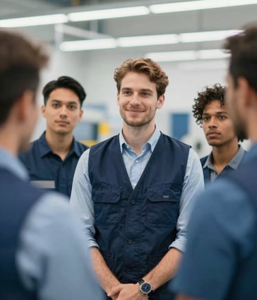 A high-quality, professional close-up shot of a diverse team of workers, including an engineer in a navy vest and a logistics professional, standing together in a bright, modern European facility. The atmosphere is confident and collaborative. The color palette features professional navy #0A192F and muted blue #7094B9 accents.