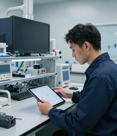 A clean, high-tech engineering laboratory in a North American / US industrial park. A professional examines a complex schematic on a tablet. The room is designed with pale mist gray walls and deep navy blue equipment, reflecting a mood of modern innovation.
