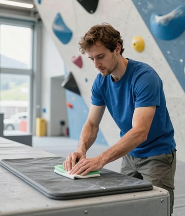 A professional cleaner meticulously sanitizing the safety mats and surfaces of a modern bouldering gym in the Swiss Valais region. Bright, airy atmosphere with muted medium blue accents and clean lines.