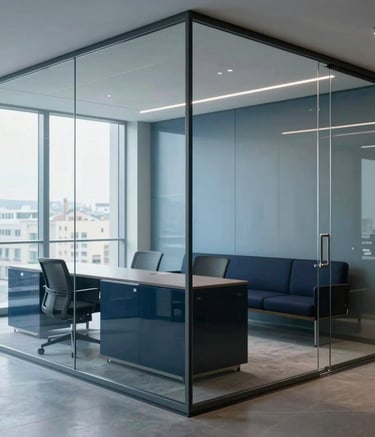 A wide, bright shot of a modern professional office in Switzerland through a crystal-clear glass partition. The setting is clean, featuring deep charcoal blue furniture and soft steel blue walls, reflecting professionalism.