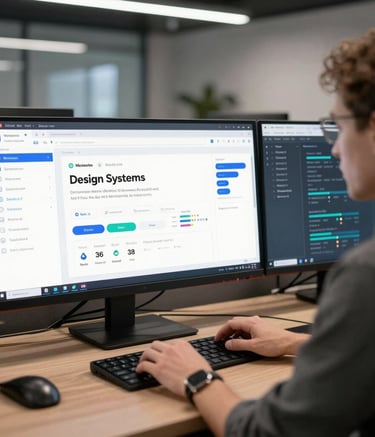 Developer workspace with multiple screens displaying Node.js backend code and frontend UI mockups.