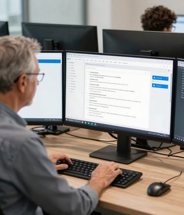 Developer workspace with multiple screens displaying Node.js backend code and frontend UI mockups.