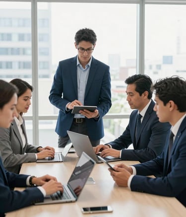 A professional business meeting in a bright, modern Guatemala City office, Central American professionals collaborating with tablets and laptops, clean lighting, atmosphere of innovation and reliability, deep blue and off-white palette.