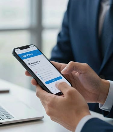 Close-up of a person in a professional Central American office setting using a smartphone to manage a digital insurance policy, soft natural light, clean environment with deep blue and light blue accents, conveying efficiency and trust.