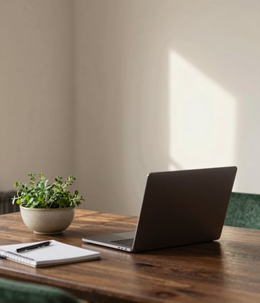 Cozy, Scandinavian-style planning session: A laptop sits on a dark wood table (#4A3C32) next to a ceramic bowl of herbs and a notebook. Soft sunlight illuminates the parchment-colored walls (#FDF5E6) and forest green textiles (#364536).