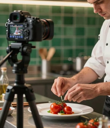 Behind-the-scenes shot of a professional camera on a tripod focusing on a chef's hands garnishing a dish with ripe tomatoes (#9B1C1C). The kitchen background features forest green tiles (#364536) and warm, sophisticated lighting.