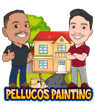 Pellucos Painting logo featuring a professional residential painting team in front of a newly painte