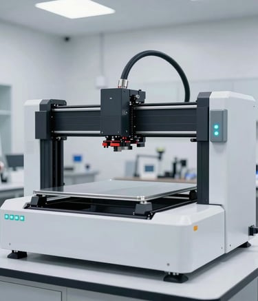 Professional photograph of a state-of-the-art industrial 3D printer in a bright, modern North American lab, white and mid gray equipment with soft cyan light indicators.