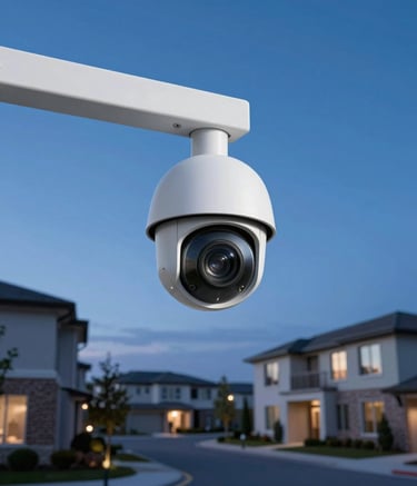 A low-angle shot of a high-tech security camera with an integrated spotlight, looking out over a modern residential North American landscape at dusk. The sky is a deep blue, mirroring the brand colors.
