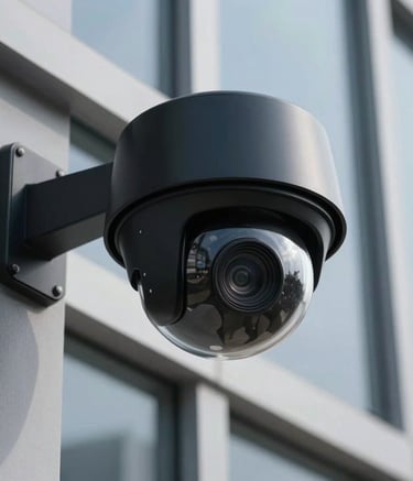 A close-up photograph of a high-end, sleek black dome CCTV camera professionally mounted on the exterior of a modern North American commercial building with glass windows. The lighting is crisp, emphasizing the premium quality and advanced technology.