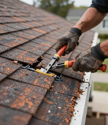 A close-up of a damaged residential shingle roof being professionally repaired by a worker using modern tools, North American / US architecture, professional lighting, emphasis on craftsmanship and urgent repair.