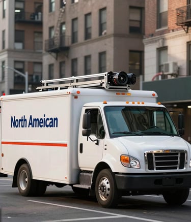 A white service truck with roofing equipment driving through a New York street, professional branding visible on the side, North American / US city environment, morning light.