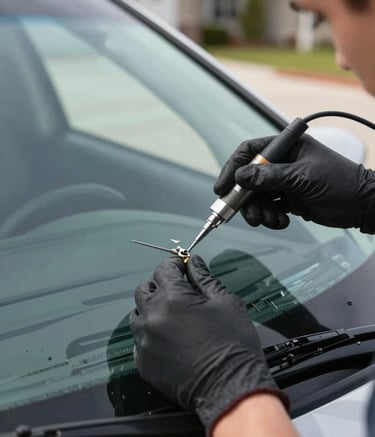 A close-up photograph of a professional technician's gloved hands using a precision tool to repair a small chip in a car windshield. The lighting is bright and clear, emphasizing transparency and meticulous detail. North American / US residential driveway setting.
