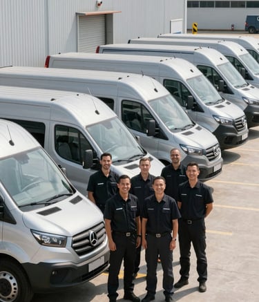 A professional wide shot of a clean fleet of silver grey delivery vans lined up at a modern logistics terminal. In the foreground, a group of drivers in deep black uniforms are standing together, smiling warmly at the camera, reflecting a friendly and professional atmosphere. The lighting is bright and clear daylight.