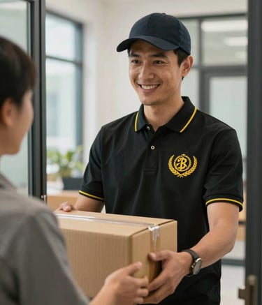 A delivery professional wearing a deep black polo shirt with vibrant golden yellow embroidery, smiling empathetically while delivering a package to a person at the door of a modern office. The scene is bright and highlights trust and excellent customer service.