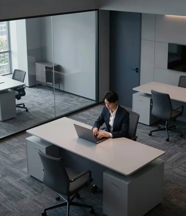 A high-angle shot of a sleek, modern North American / US office with glass walls and minimalist furniture. The lighting is low and moody with accents of Mist Grey and Slate Blue. A professional is seen working on a high-tech laptop.