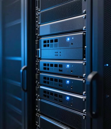 A close-up of a sleek, glowing server rack in a secure data facility. The atmosphere is sophisticated and cutting-edge, featuring Deep Space Blue and Dark Navy tones. Soft blue light reflects off the metallic surfaces in a modern North American / US tech hub.