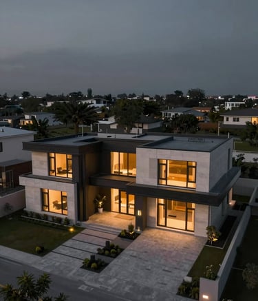 An aerial property shot of a sleek, modern luxury home with sharp architectural lines, illuminated by warm amber outdoor lighting against a deep charcoal evening sky.