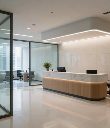 Wide shot of a modern Manhattan medical office reception area in New York. Polished floors, glass partitions, and a clean minimalist aesthetic. Professional photography style with soft natural light and a focus on clinical hygiene.