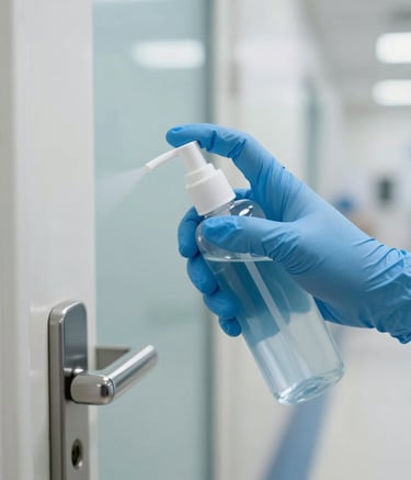 A close-up of a hand in a blue nitrile glove holding a sanitizing sprayer, targeting a high-touch area like a door handle in a sterile North American / US healthcare corridor. Clean, sharp focus, clinical atmosphere with white and light blue tones.