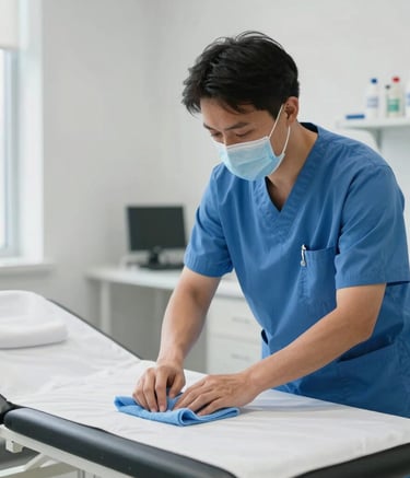 A professional cleaning technician in a North American / US medical clinic, wearing a blue uniform and face mask, using a microfiber cloth to sanitize a patient exam table. Soft, bright natural light, clean blue and white tones.