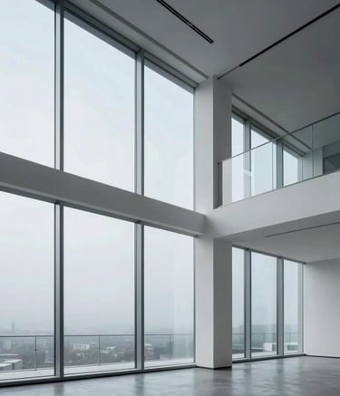 A modern, minimalist architectural shot of a bright office interior. Large glass windows reveal a soft mist blue sky, while arctic white walls and clean lines create a sense of professional elegance and open space.