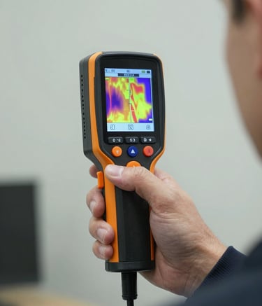 A close-up, high-detail shot of a professional inspector's hand holding a modern thermal imaging device in a clean interior setting. The device screen shows thermal heat maps against a neutral wall (#F4F7F9). The composition is sophisticated and technical.