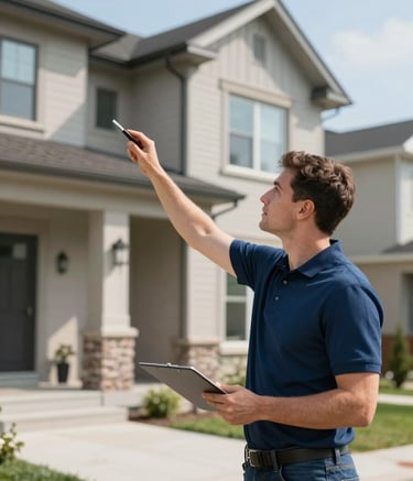 A professional home inspector wearing a neat navy blue polo shirt (#1A2C3C) inspecting the exterior of a modern Toronto home. The shot is wide, capturing clean architecture and a bright, clear sky. The lighting is crisp and natural, emphasizing meticulous attention to detail.