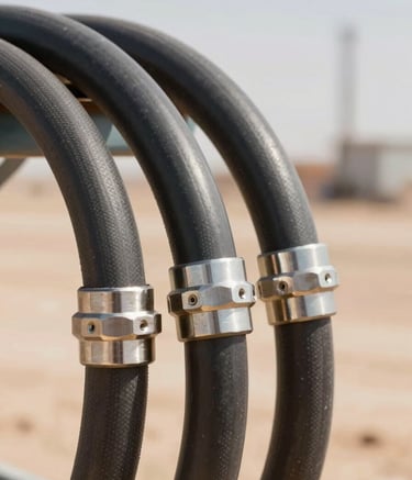 A close-up of heavy-duty hydraulic hoses with metallic couplings, set against a desert industrial site. The lighting is bright and clear, emphasizing the robust textures of the equipment. Colors feature #3C3C3B and #7E6D5D tones.