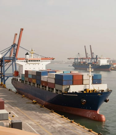 A wide shot of a modern cargo ship and logistics fleet operating in a high-tech port facility. The atmosphere is professional and efficient, using a palette of #7E6D5D and #3C3C3B with clean desert sunlight.
