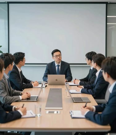 A group of focused professionals in a sleek, modern conference room participating in a high-level training session. The lighting is bright and professional, with accents of navy and light blue in the room's decor, reflecting a clean and authoritative brand image.