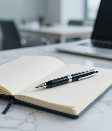 Close-up of professional workshop materials, including a clean notebook and a high-quality pen on a marble table, with a blurred background of a sophisticated corporate office in shades of #2F5A6D and #EBF1F5.