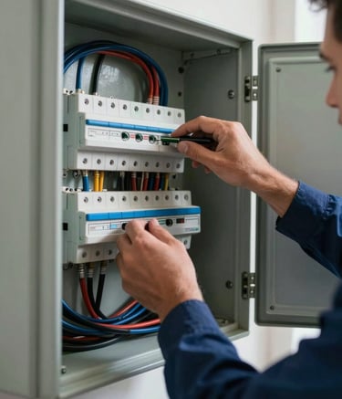 A close-up photograph of a professional electrician's hands working on a modern electrical panel in a Southern European / Spanish residential setting. The panel is clean and organized, with Steel Blue and Dark Navy components. Soft daylight from a nearby window creates a bright, reliable atmosphere.
