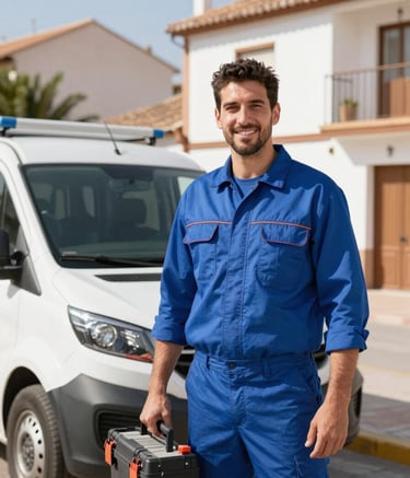A professional electrician wearing a branded Steel Blue uniform, standing outside a house in a Southern European / Spanish neighborhood in Paterna. He is smiling professionally next to a service van, holding a toolkit. Bright, clear morning light.