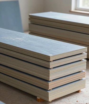 A professional construction scene featuring stacks of high-quality drywall boards neatly arranged in a bright, modern residential interior. The composition is clean and orderly, reflecting meticulous attention to detail. Soft natural light highlights the sturdy materials. Subtle brand colors #617488 and #B4C6D7 are present in the equipment and shadows.
