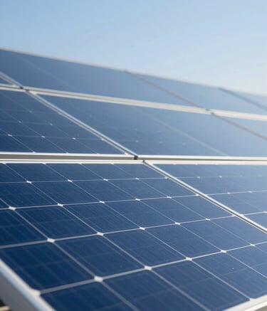 A sophisticated close-up of high-efficiency solar panels reflecting a clear blue sky, designed with a premium architectural feel. Incorporates shades of #1F365C and #5E9CD1. Minimalist and professional composition.