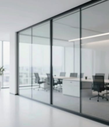 A minimalist corporate office interior with floor-to-ceiling glass, soft natural lighting, and a clean white aesthetic. Reflects innovation and professionalism using colors like #F8F9FC and #0F1A2F.