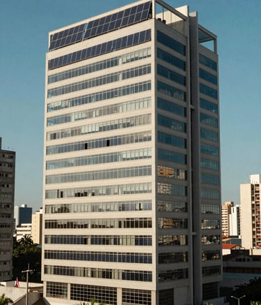 A modern office building in a South American Brazilian coastal city with solar panels integrated into the architecture, clear blue sky, professional photography with natural lighting.