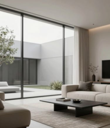 A sophisticated minimalist living room featuring a massive glass facade that connects the interior with an outdoor courtyard. The design is clean with neutral tones from the brand palette like #F7F9FB and #5B6C7B.