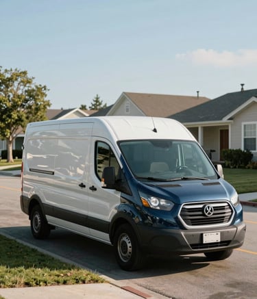 A clean, modern mobile service van parked on a suburban North American residential street during a bright, clear morning. The atmosphere is professional and efficient, with colors reflecting deep navy blue and pale mist.